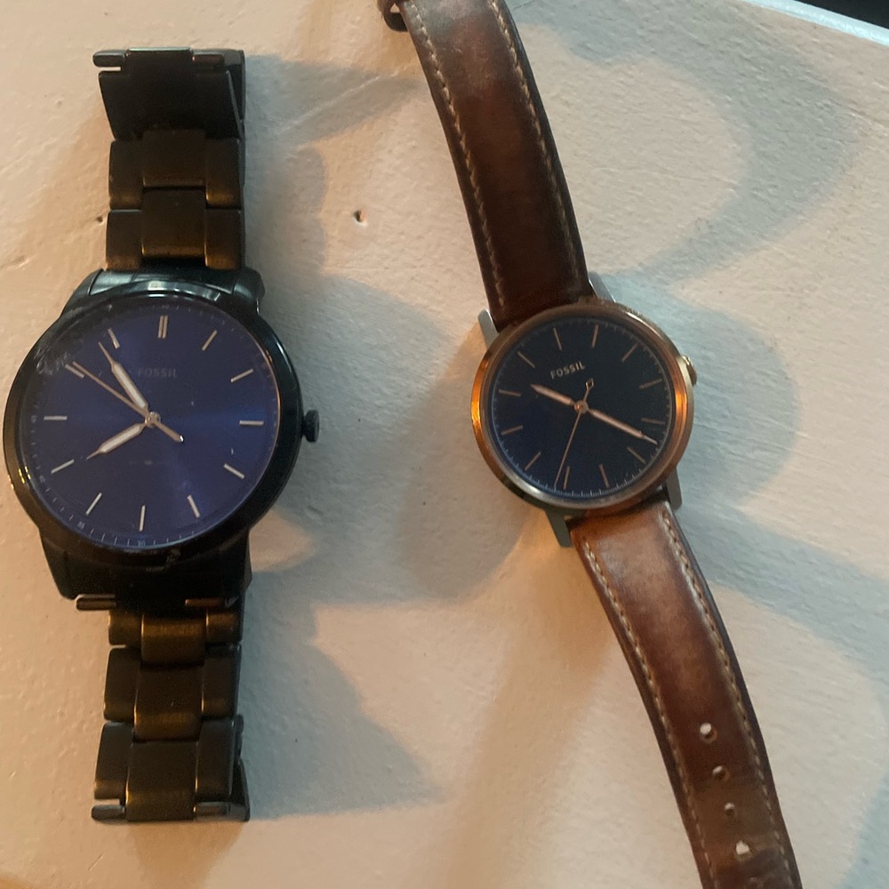 Fossil Men's Blue Dial Watch Set with Black and Brown Straps